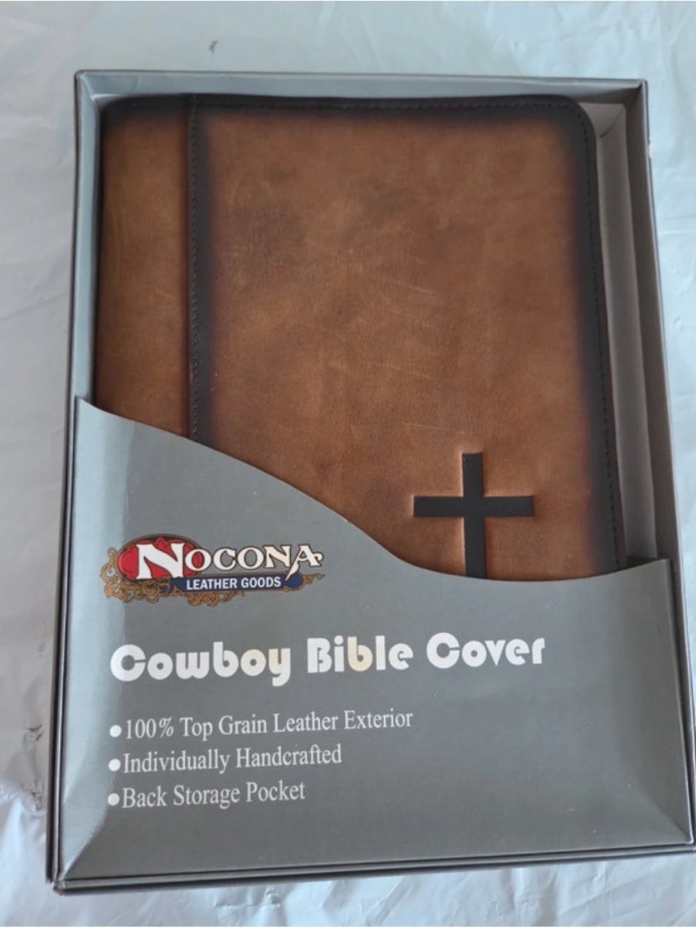 Nocona Tan Brown Leather Bible Cover with Cross Accent